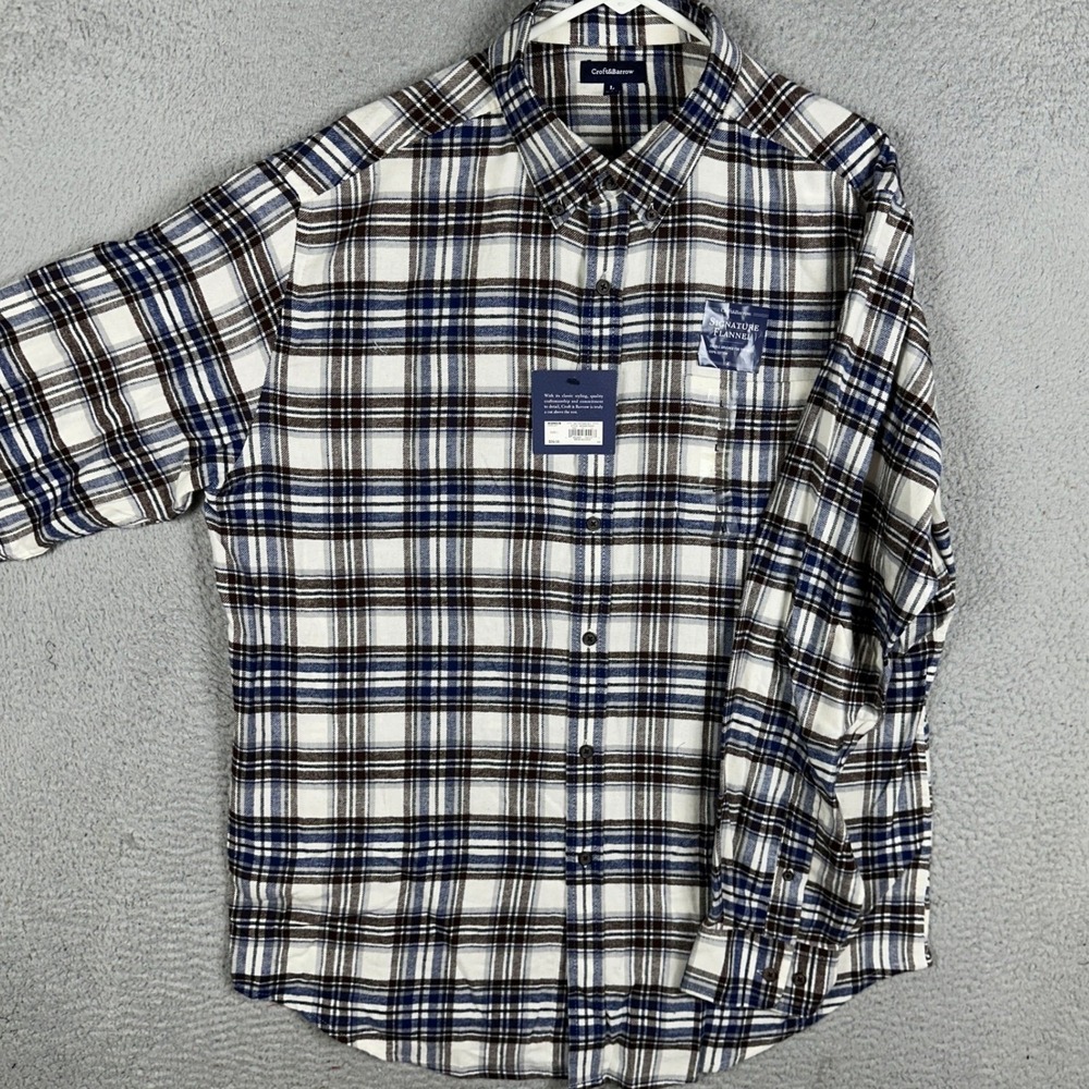 NEW Croft Barrow Shirt Mens Large Blue Brown Signature Flannel Plaid Button Down